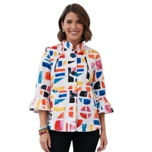 Ali Miles Abstract Geometric Colorful Art Button Up Top Jacket Large, L
J